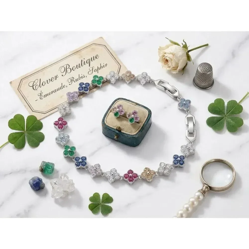 Silver Clover Flower Link Bracelet Pave CZ Crystal Elegant Jewelry Bridal Gift